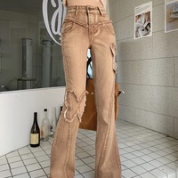 Street Fashion Cool Women Girl Retro Butterfly Brown High Waist Wide Leg Jeans - Thumbnail 5