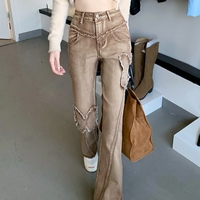 Street Fashion Cool Women Girl Retro Butterfly Brown High Waist Wide Leg Jeans - Thumbnail 6