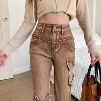 Street Fashion Cool Women Girl Retro Butterfly Brown High Waist Wide Leg Jeans - Thumbnail 7