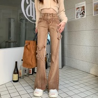 Street Fashion Cool Women Girl Retro Butterfly Brown High Waist Wide Leg Jeans - Thumbnail 8