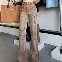 Street Fashion Cool Women Girl Retro Butterfly Brown High Waist Wide Leg Jeans - Thumbnail 9