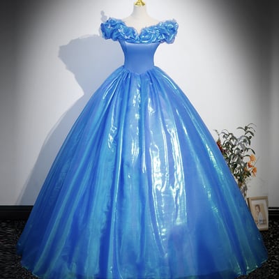 Blue tulle long a-line prom dress, off shoulder princess dress - Thumbnail 1