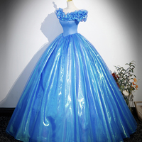 Blue Tulle Long A-Line Prom Dress, Off Shoulder Princess Dress - Thumbnail 2