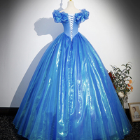 Blue Tulle Long A-Line Prom Dress, Off Shoulder Princess Dress - Thumbnail 3