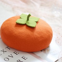 Cute Handmade Orange Persimmon Wool Beret Hat - Thumbnail 5