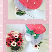 Spicy Donuts Japanese Cute Red Strawberry Fruit Beret Hat - Thumbnail 5