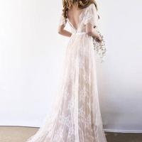 Mermaid V Neck Boho Wedding Dresses with Lace Appliques - Thumbnail 3