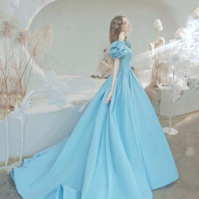 Princess blue satin ball gown evening dresses - Thumbnail 2