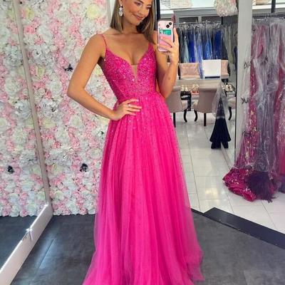 A line v neck hot pink tulle prom dresses with beading - Thumbnail 2