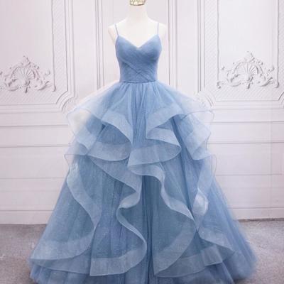 Straps ball gown blue tulle long prom dresses  - Thumbnail 2