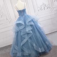 Straps Ball Gown Blue Tulle Long Prom Dresses  - Thumbnail 1