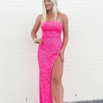Strapless sparkly hot pink sequins prom dress with slit - Thumbnail 2