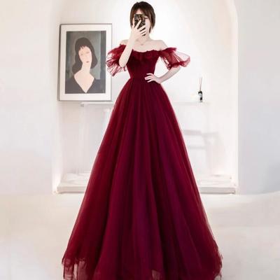 A line burgundy tulle long prom dresses evening dresses - Thumbnail 2