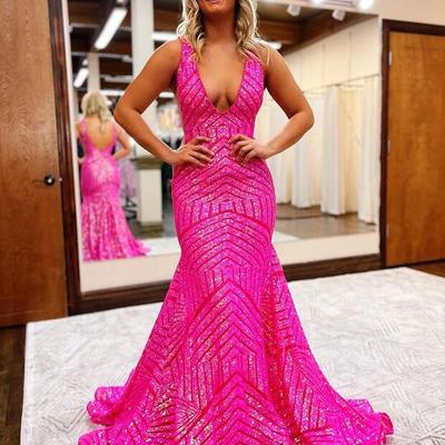Mermaid hot pink sequins v neck prom dresses - Thumbnail 1