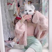 Romance Smoky Pink Plush Sailor Collar Winter Faux Fur Coat - Thumbnail 3