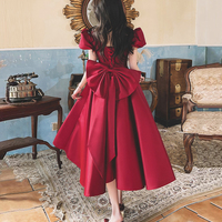 Burgundy Satin Short Prom Dress, Cute A-Line Party Dress with Bow - Thumbnail 1