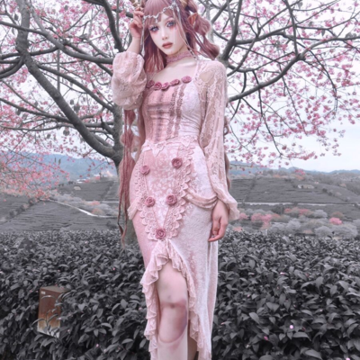 Guardian of sakura tress gothic lace velvet pink rose top skirt two piece set