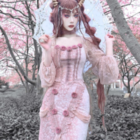 Guardian of Sakura Tress Gothic Lace Velvet Pink Rose Top Skirt Two Piece Set - Thumbnail 1