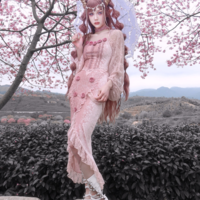 Guardian of Sakura Tress Gothic Lace Velvet Pink Rose Top Skirt Two Piece Set - Thumbnail 2