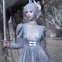 Swan Dream Gray Purple Pattern Embroidery European Style White Gothic Lace Princess Winter Dress - Thumbnail 1