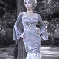Swan Dream Gray Purple Embroidery European Style White Gothic Lace Princess Winter Fishtail Dress - Thumbnail 4
