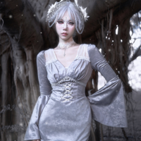 Swan Dream Gray Purple Embroidery European Style White Gothic Lace Princess Winter Fishtail Dress - Thumbnail 5