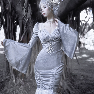 Swan dream gray purple embroidery european style white gothic lace princess winter fishtail dress