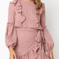 Casual Pink Round Neck Long Sleeve Dress - Thumbnail 3