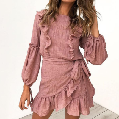 Casual pink round neck long sleeve dress