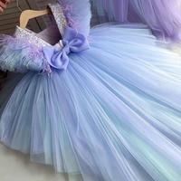 Mermaid Blue Flutter Sleeves Tulle Flower Girl Dresses - Thumbnail 1