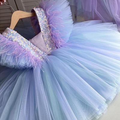 Mermaid blue flutter sleeves tulle flower girl dresses