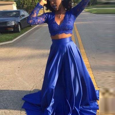 Two pieces royal blue prom dress with long sleeves - Thumbnail 2