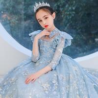 Beautiful Long Sleeves Blue Flower Girl Dresses - Thumbnail 3
