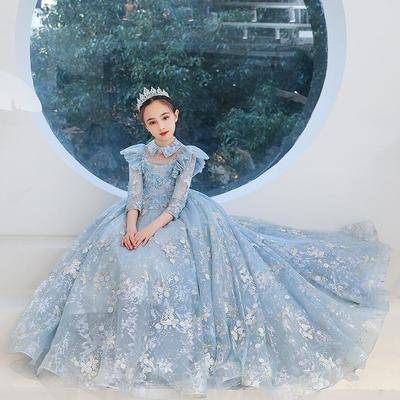 Beautiful long sleeves blue flower girl dresses
