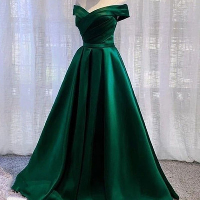 Green prom dresses off shoulder satin for party  - Thumbnail 2