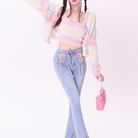 Sweet Spring Summer Rainbow Gradient Color Knitted Cardigan Sling Short Camisole Cardigan Two Piece Set - Thumbnail 3