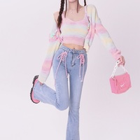 Sweet Spring Summer Rainbow Gradient Color Knitted Cardigan Sling Short Camisole Cardigan Two Piece Set - Thumbnail 5