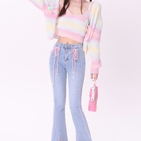 Sweet Spring Summer Rainbow Gradient Color Knitted Cardigan Sling Short Camisole Cardigan Two Piece Set - Thumbnail 6