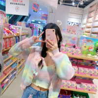 Sweet Spring Summer Rainbow Gradient Color Knitted Cardigan Sling Short Camisole Cardigan Two Piece Set - Thumbnail 7