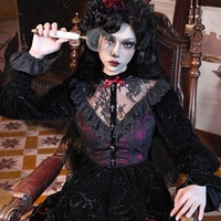 Dark Gothic Dream Rose Lace Drawstring Velvet Puff Sleeve Dress - Thumbnail 2