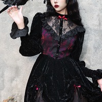 Dark Gothic Dream Rose Lace Drawstring Velvet Puff Sleeve Dress - Thumbnail 3