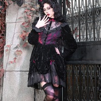 Dark Gothic Dream Rose Lace Drawstring Velvet Puff Sleeve Dress - Thumbnail 4