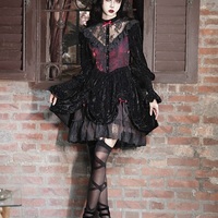 Dark Gothic Dream Rose Lace Drawstring Velvet Puff Sleeve Dress - Thumbnail 5