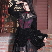 Dark Gothic Dream Rose Lace Drawstring Velvet Puff Sleeve Dress - Thumbnail 6