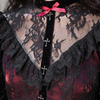 Dark Gothic Dream Rose Lace Drawstring Velvet Puff Sleeve Dress - Thumbnail 7