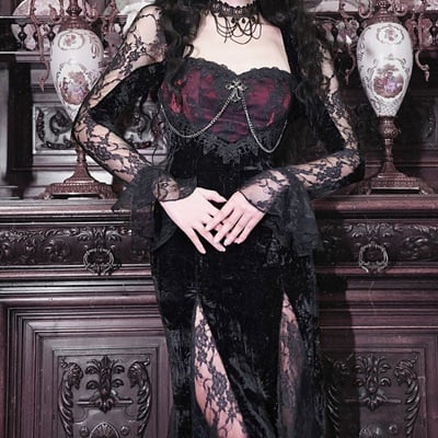 Dark gothic dream rose stitching lace velvet fishtail dress