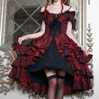 Dark Gothic Dream Red Princess Queen Lace Brooch Black Jacquard Off Shoulder Layered Dress - Thumbnail 1