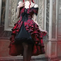Dark Gothic Dream Red Princess Queen Lace Brooch Black Jacquard Off Shoulder Layered Dress - Thumbnail 5