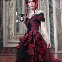 Dark Gothic Dream Red Princess Queen Lace Brooch Black Jacquard Off Shoulder Layered Dress - Thumbnail 6