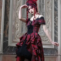 Dark Gothic Dream Red Princess Queen Lace Brooch Black Jacquard Off Shoulder Layered Dress - Thumbnail 7